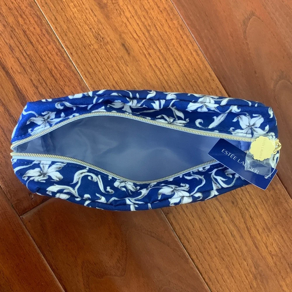 Lot 4 Estee Lauder Blue & White Cosmetic Bags Makeup Bag Bundle French Country